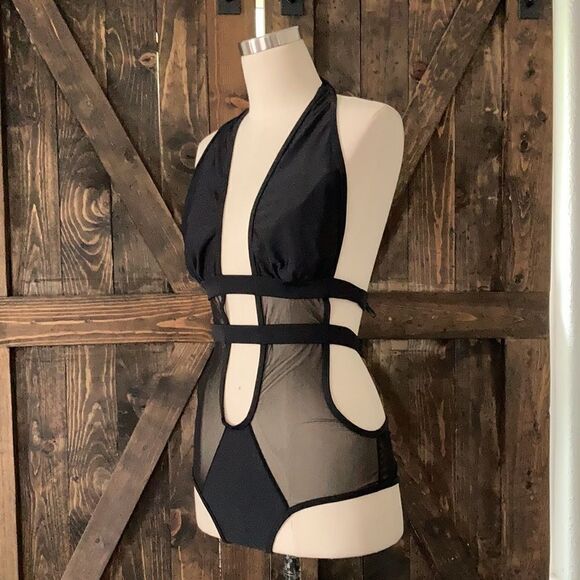 Top melon black strappy monokini Beautiful Open Front Teddy With Halter swimsuit - Picture 3 of 10